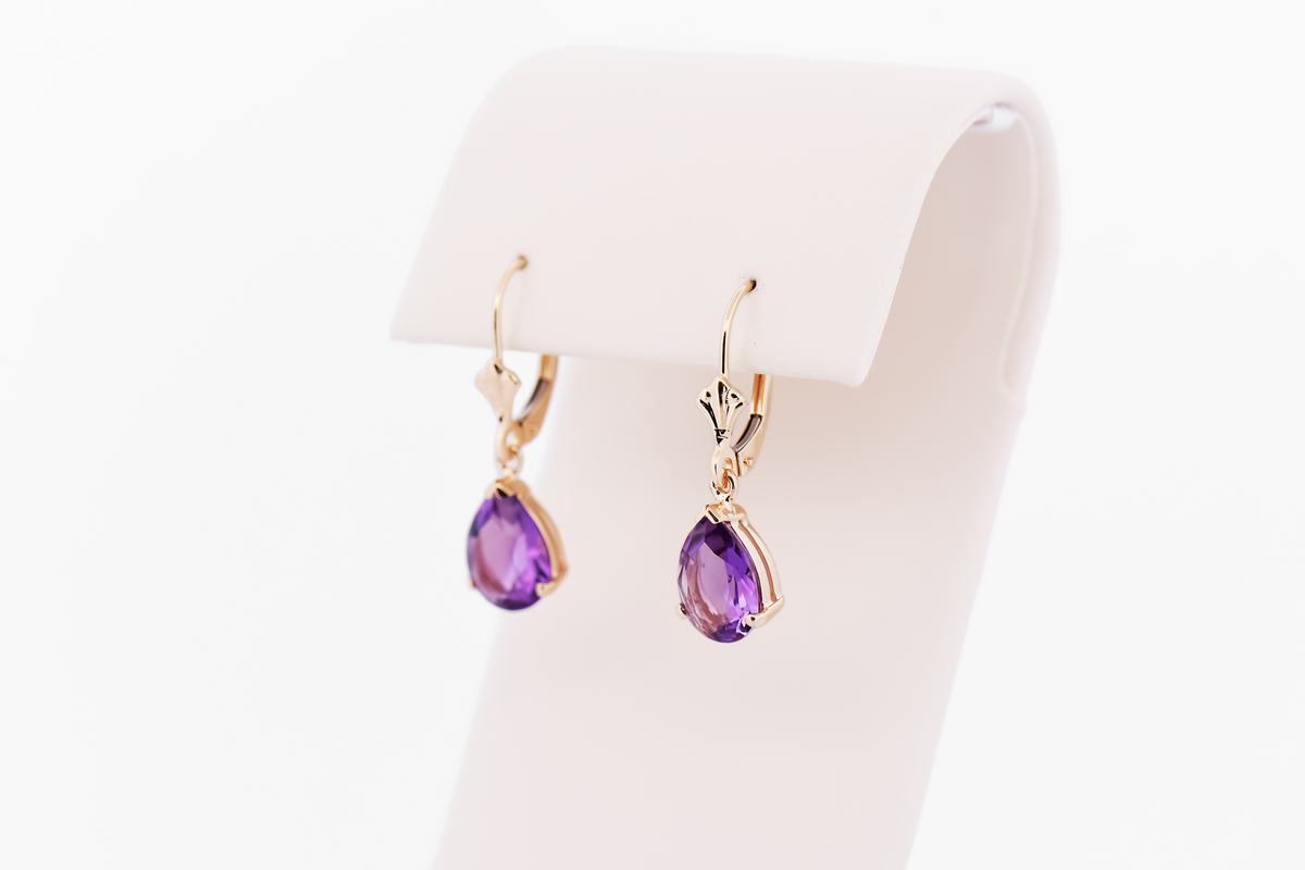 Estate Pear Shape Amethyst Dangle Leverback Earrings