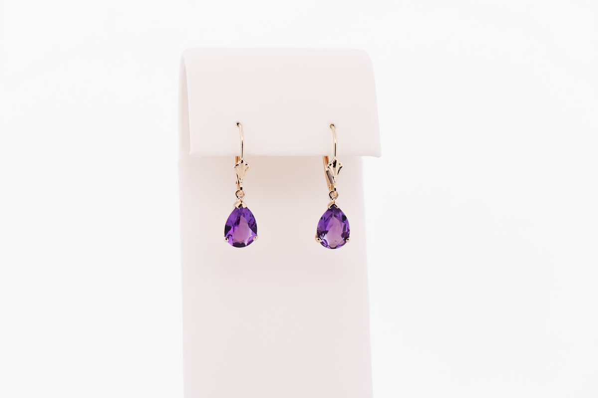 Estate Pear Shape Amethyst Dangle Leverback Earrings