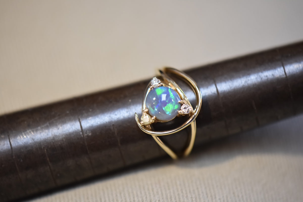 Estate Freeform Black Opal & Diamond Ring in Yellow Gold