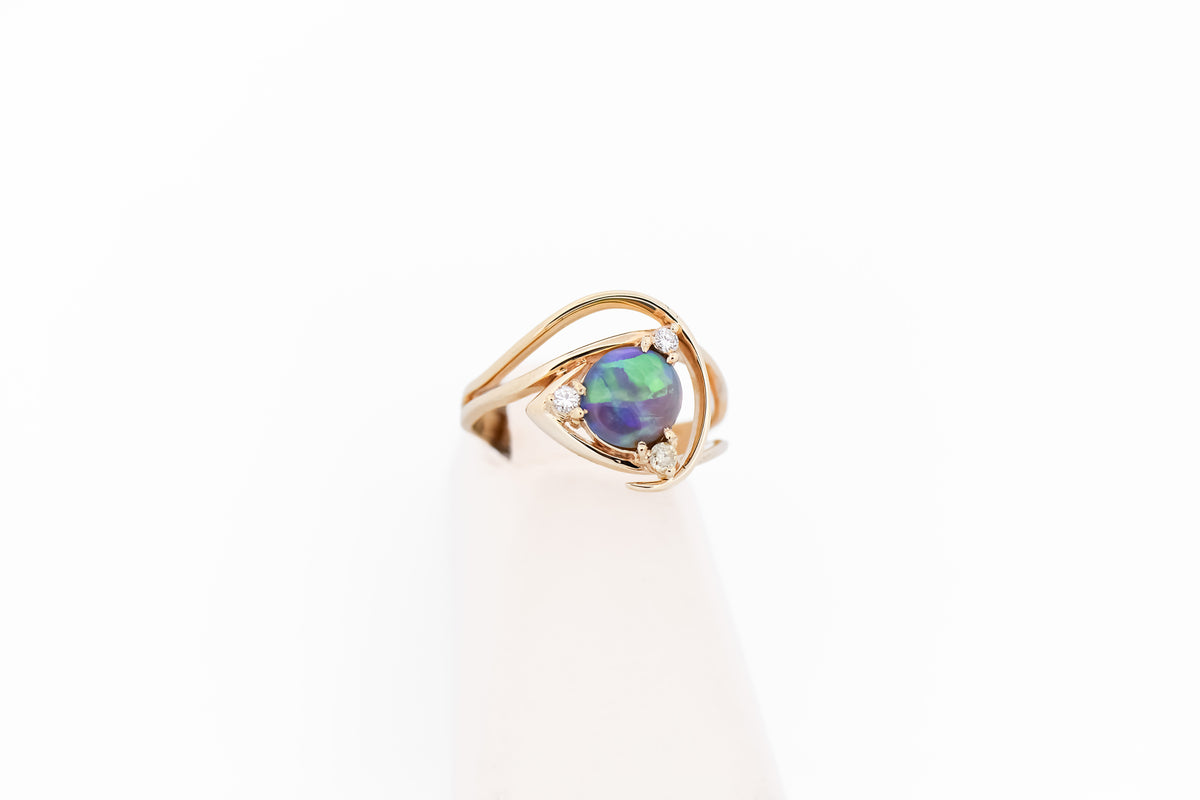 Estate Freeform Black Opal & Diamond Ring in Yellow Gold