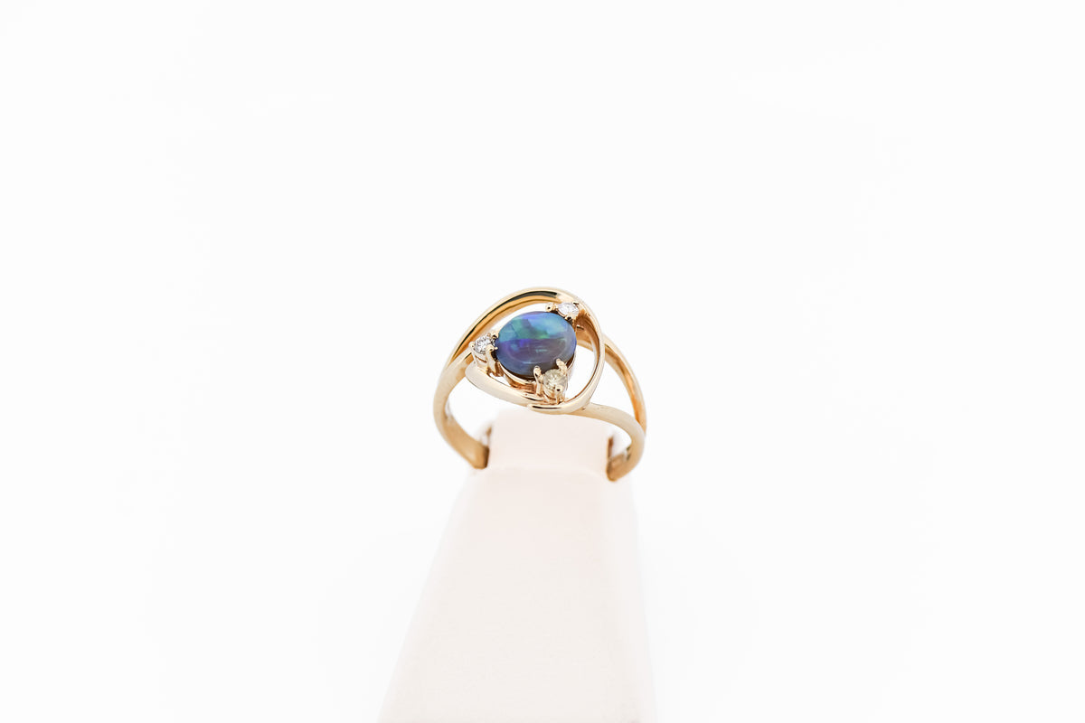 Estate Freeform Black Opal & Diamond Ring in Yellow Gold