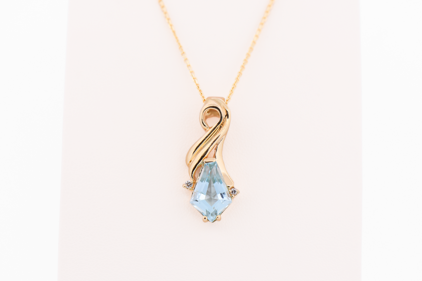 Estate Modern Swirly Gold Pendant with Kite Blue Topaz & Diamonds