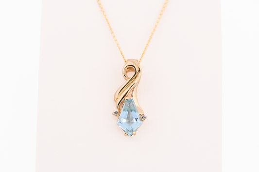 Estate Modern Swirly Gold Pendant with Kite Blue Topaz & Diamonds