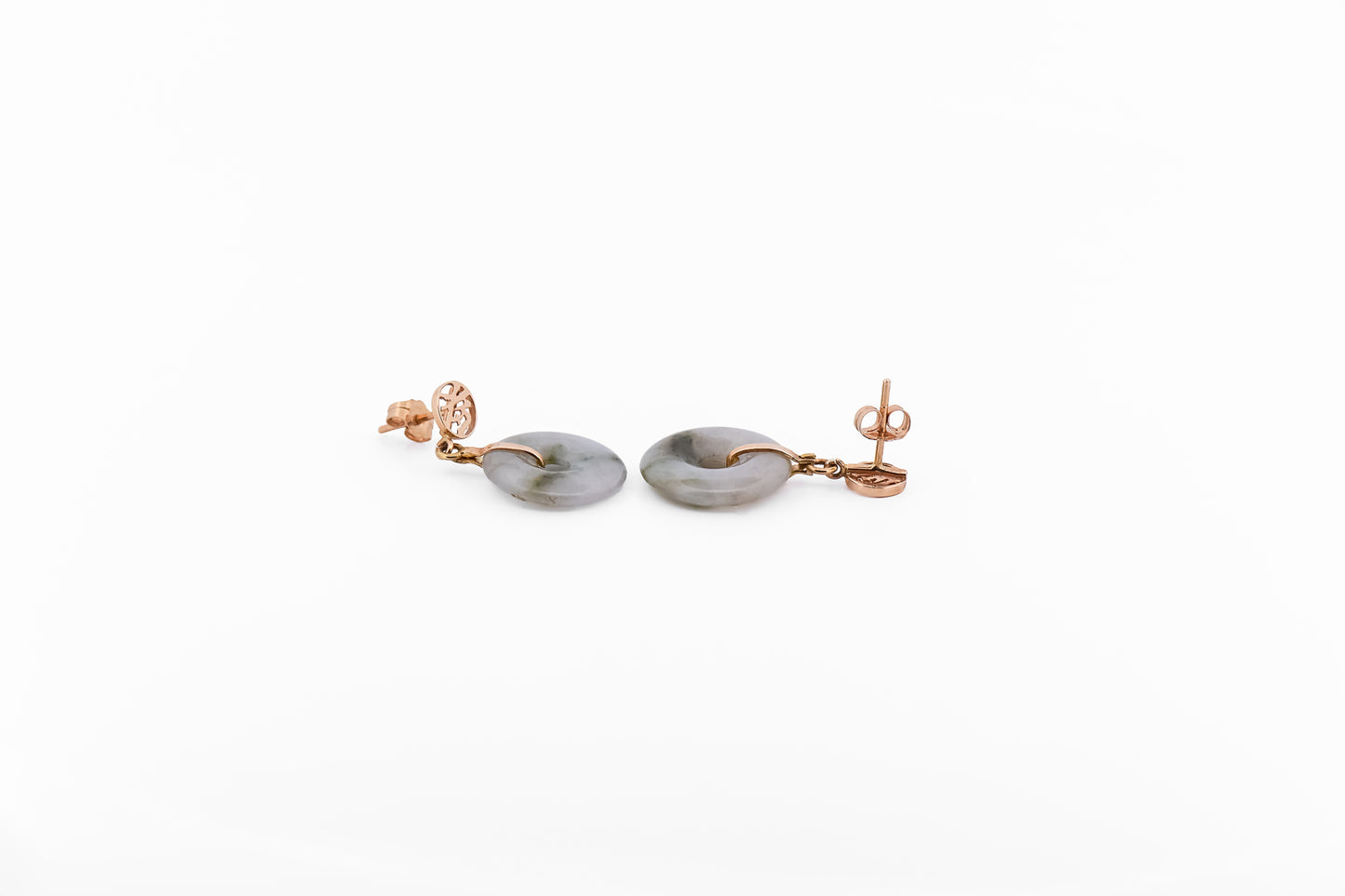 Estate Mottled Nephrite Jade Lifesaver Earrings in 14k Yellow Gold