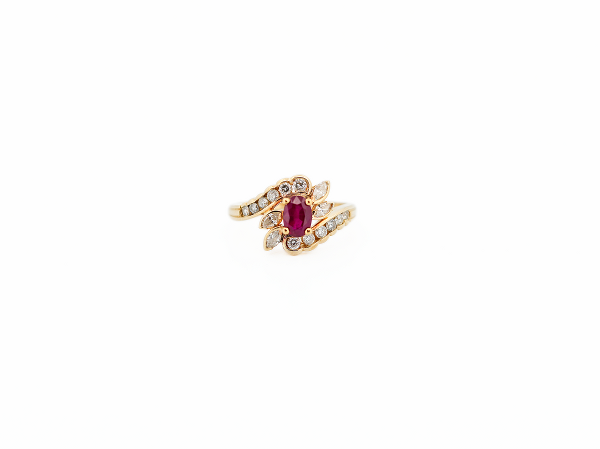 Estate Natural Ruby Ring with Marquise & Round Diamond Accents