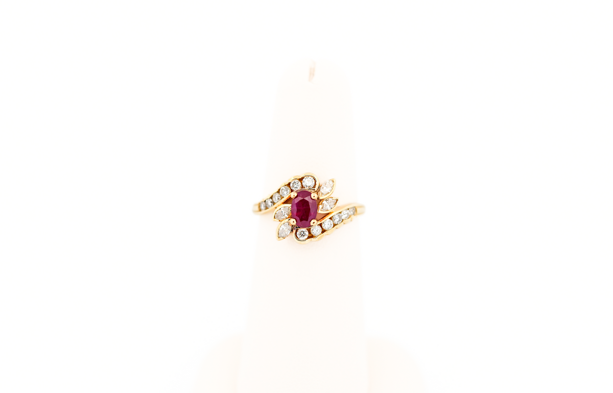 Estate Natural Ruby Ring with Marquise & Round Diamond Accents