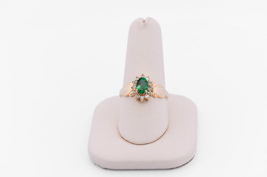 Estate Oval Emerald & Diamond Halo Ring in Yellow Gold