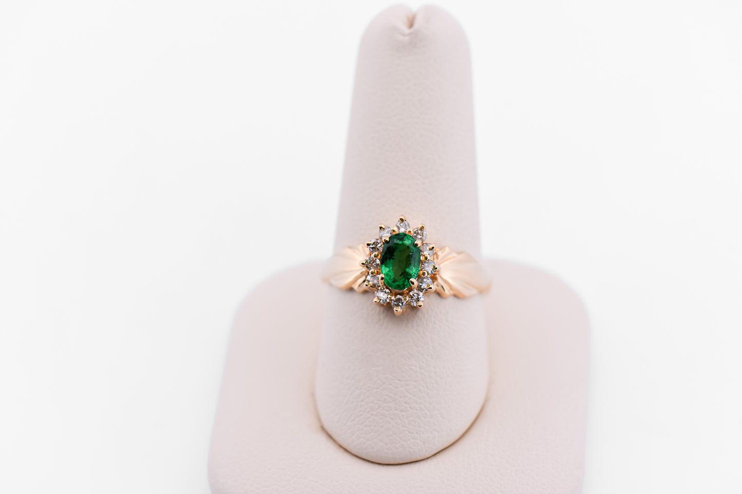Estate Oval Emerald & Diamond Halo Ring in Yellow Gold