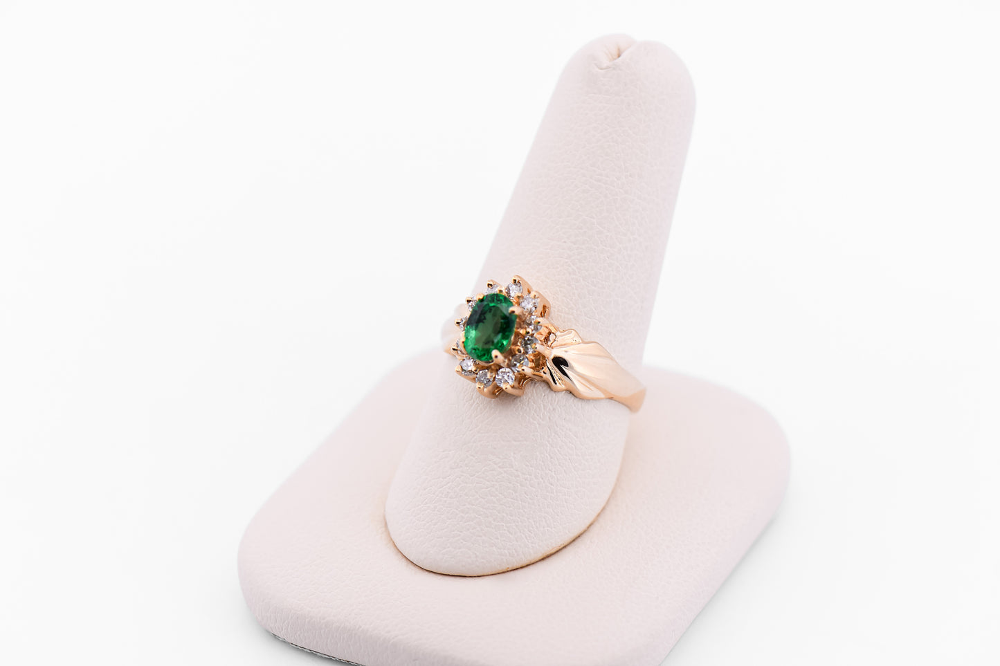 Estate Oval Emerald & Diamond Halo Ring in Yellow Gold