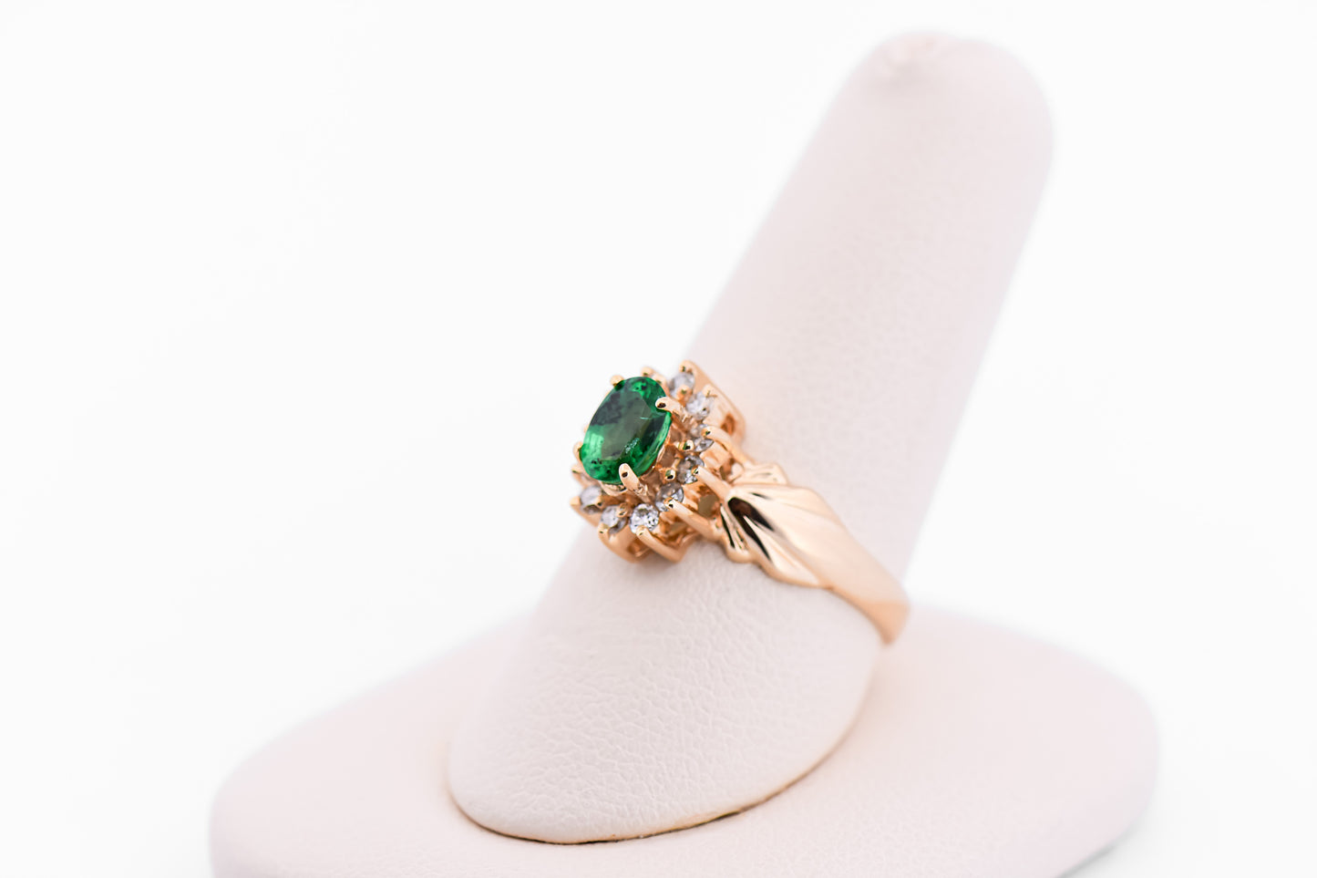 Estate Oval Emerald & Diamond Halo Ring in Yellow Gold