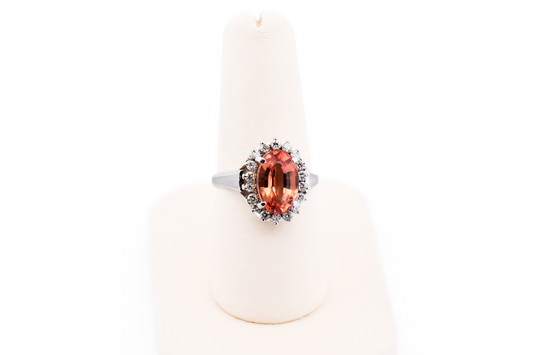 Estate Oval Imperial Topaz & Diamond Halo Ring in Platinum