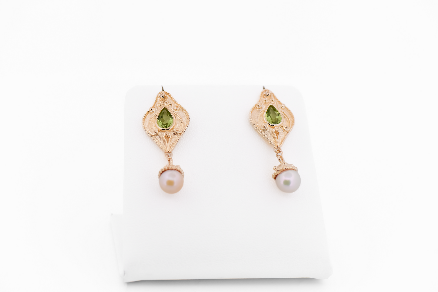 Estate Etruscan Style Peridot & Pearl Earrings in Yellow Gold