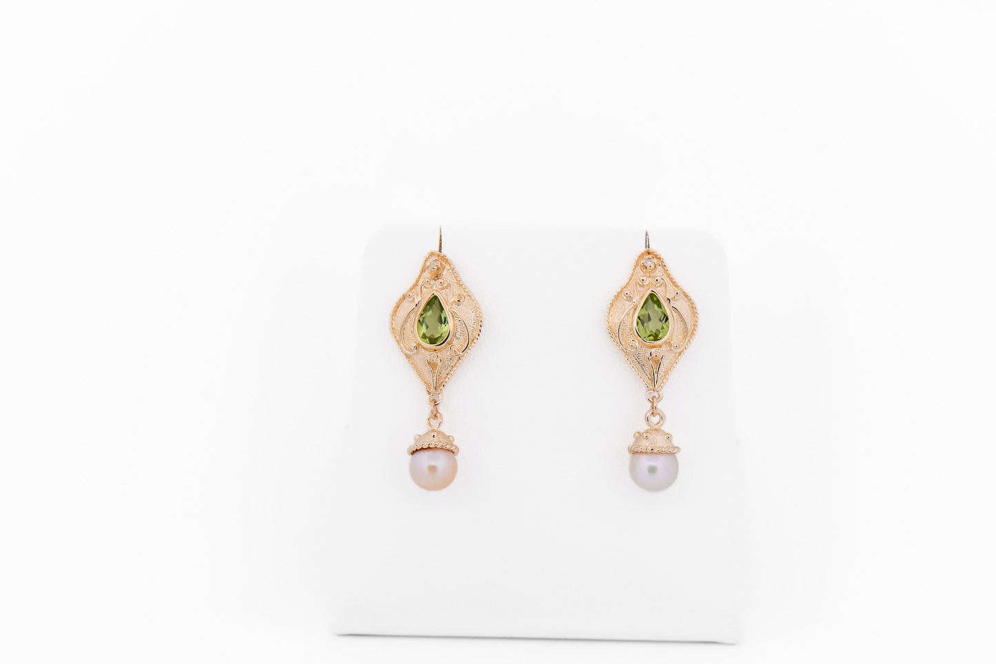 Estate Etruscan Style Peridot & Pearl Earrings in Yellow Gold