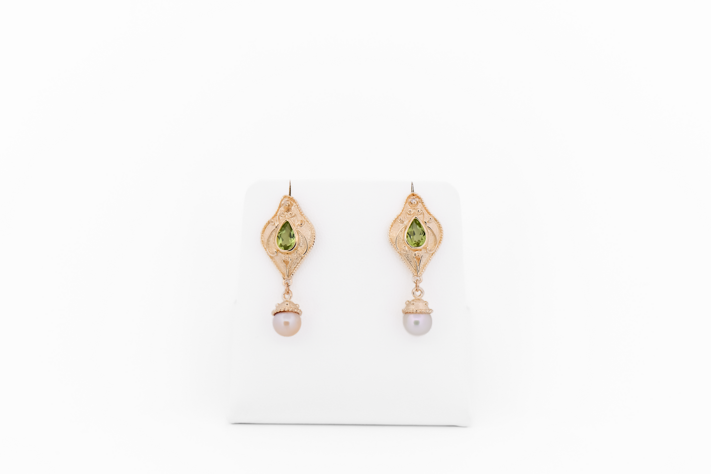 Estate Etruscan Style Peridot & Pearl Earrings in Yellow Gold