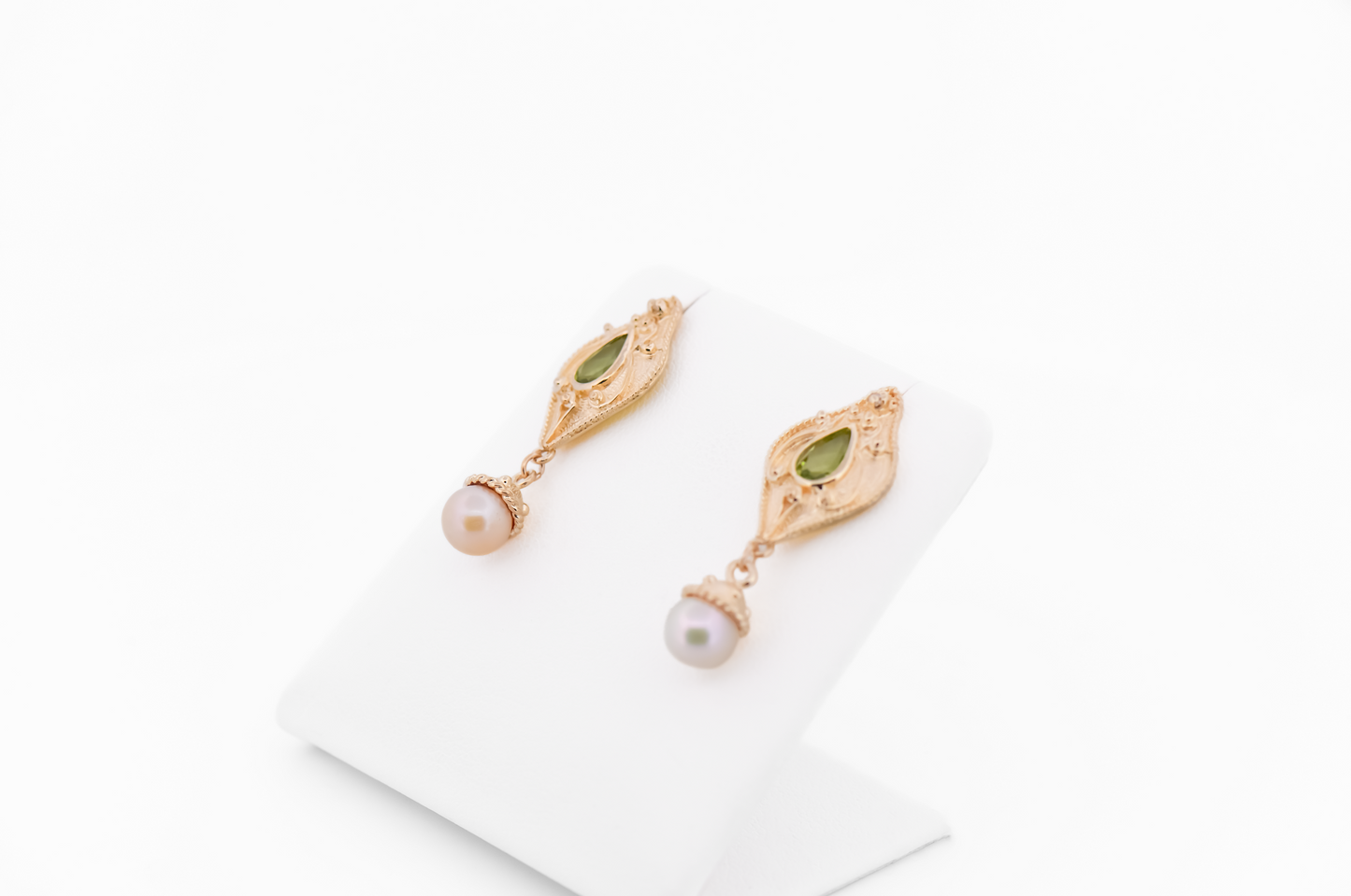 Estate Etruscan Style Peridot & Pearl Earrings in Yellow Gold