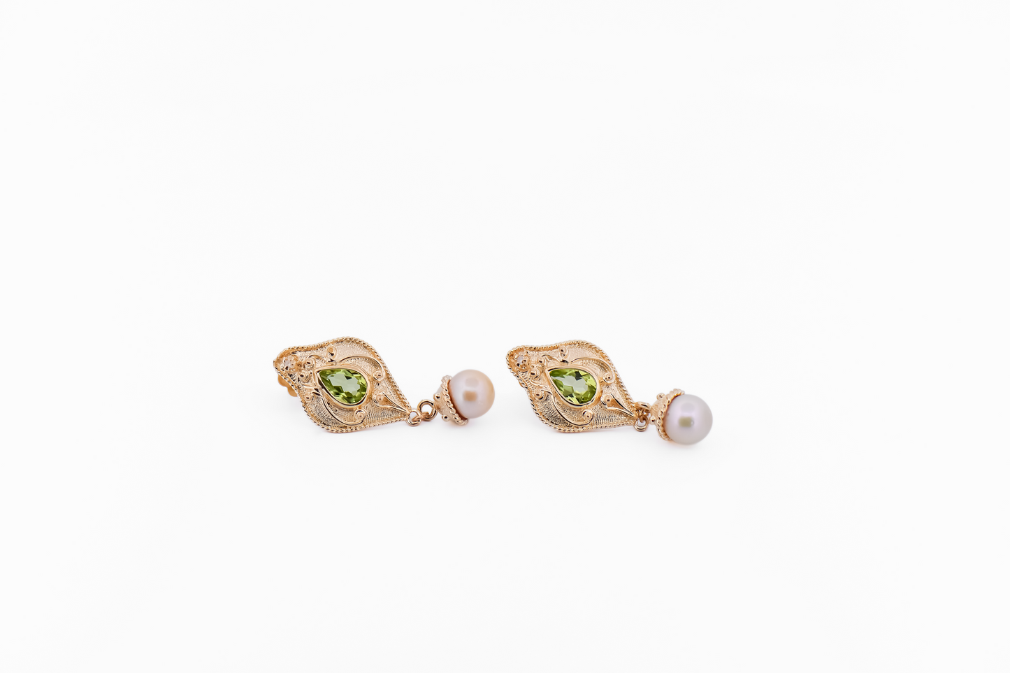 Estate Etruscan Style Peridot & Pearl Earrings in Yellow Gold