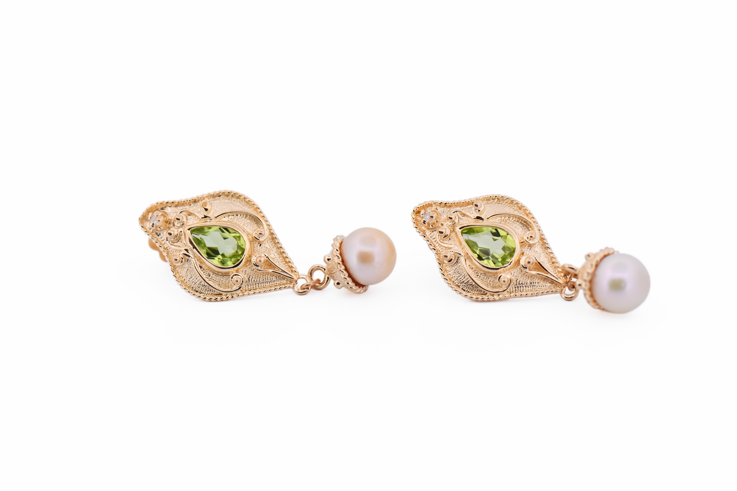 Estate Etruscan Style Peridot & Pearl Earrings in Yellow Gold