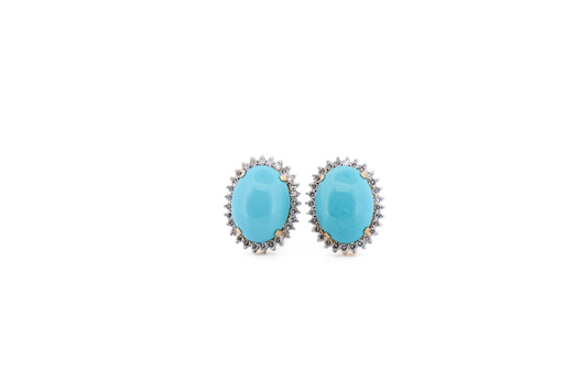Estate Persian Turquoise Earrings with Diamond Halos and Omega Backs