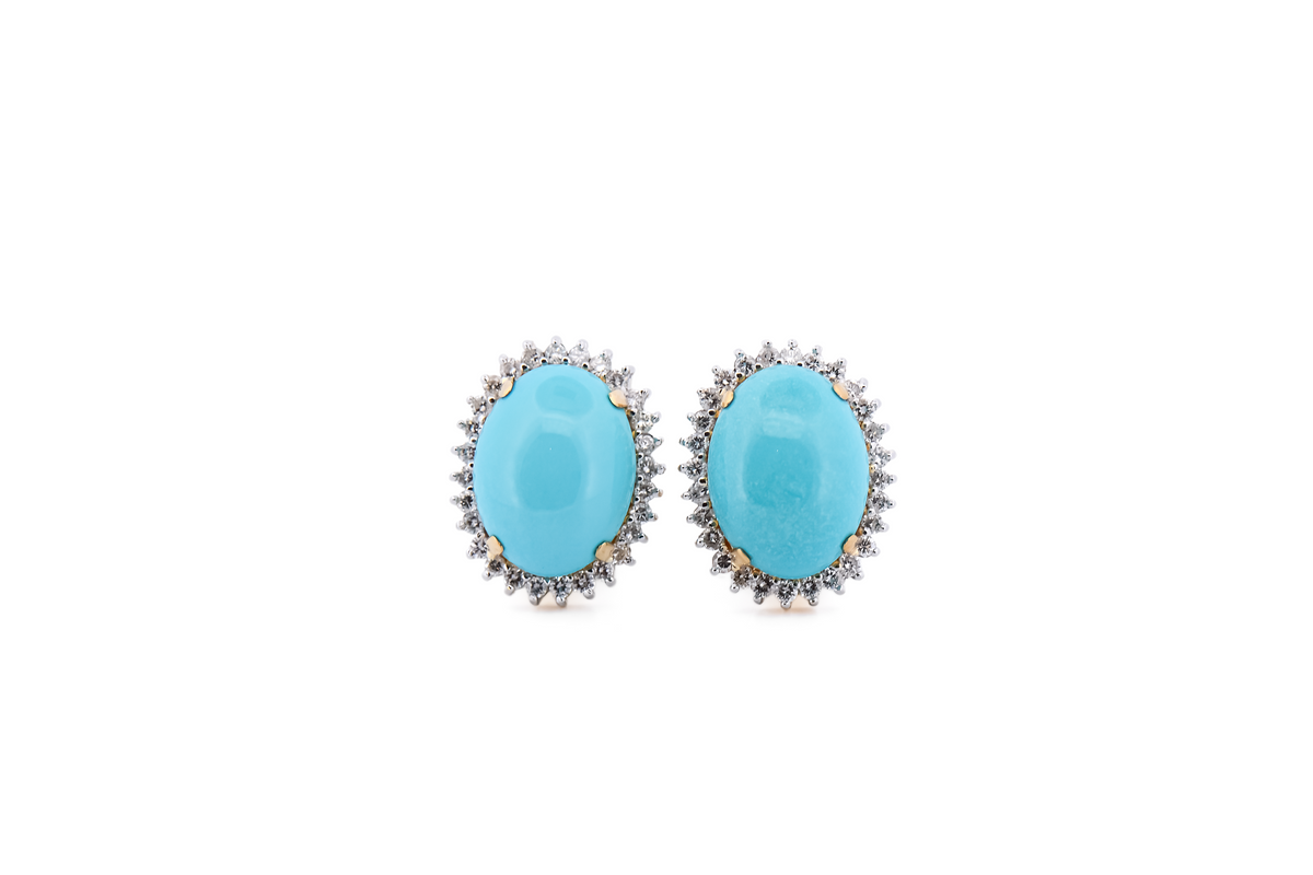 Estate Persian Turquoise Earrings with Diamond Halos and Omega Backs