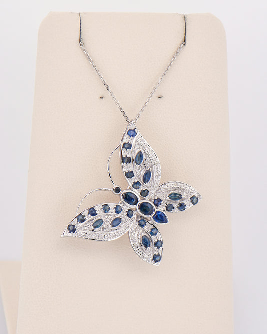 Vintage Blue Sapphire & Diamond Butterfly Pendant Brooch Combo