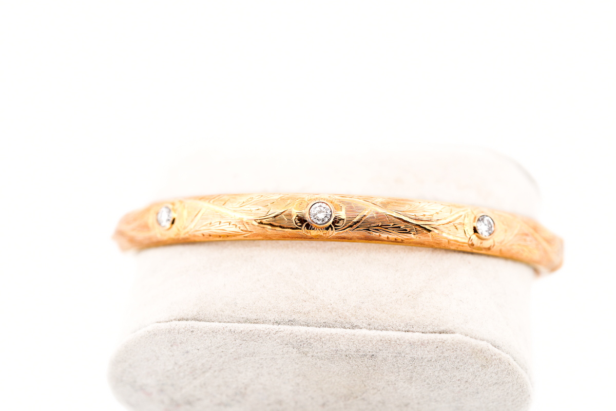 Estate Solid 14k Yellow Gold Bangle Bracelet with Flush Set Diamond Accents