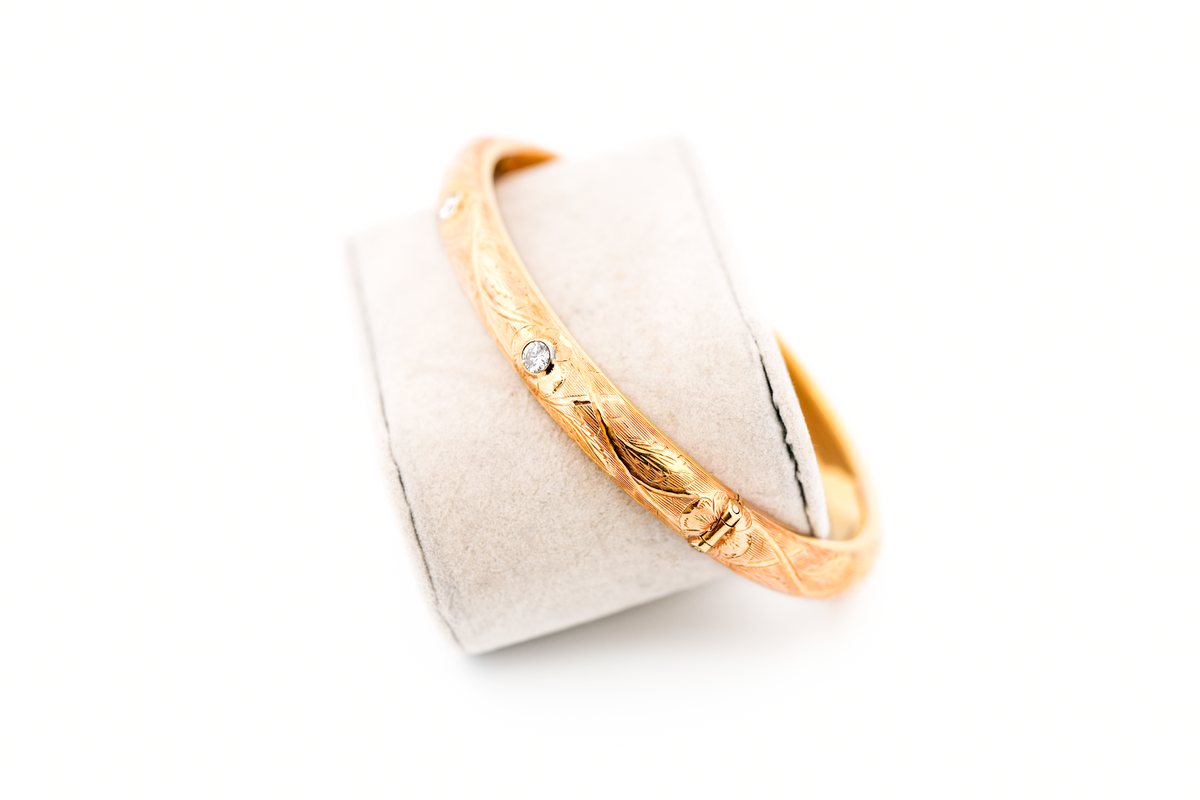 Estate Solid 14k Yellow Gold Bangle Bracelet with Flush Set Diamond Accents