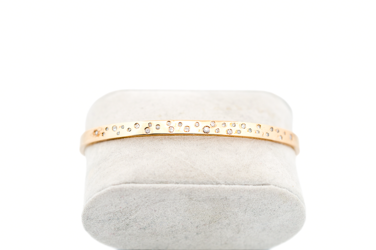 Estate Solid 14k Yellow Gold Bangle Bracelet with Flush Set Diamond Accents