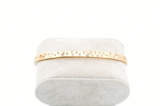 Estate Solid 14k Yellow Gold Bangle Bracelet with Flush Set Diamond Accents