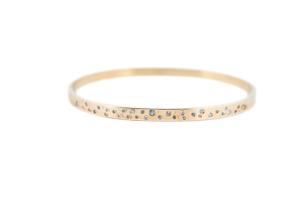 Estate Solid 14k Yellow Gold Bangle Bracelet with Flush Set Diamond Accents