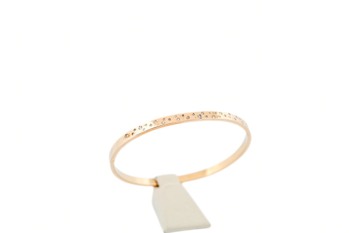 Estate Solid 14k Yellow Gold Bangle Bracelet with Flush Set Diamond Accents