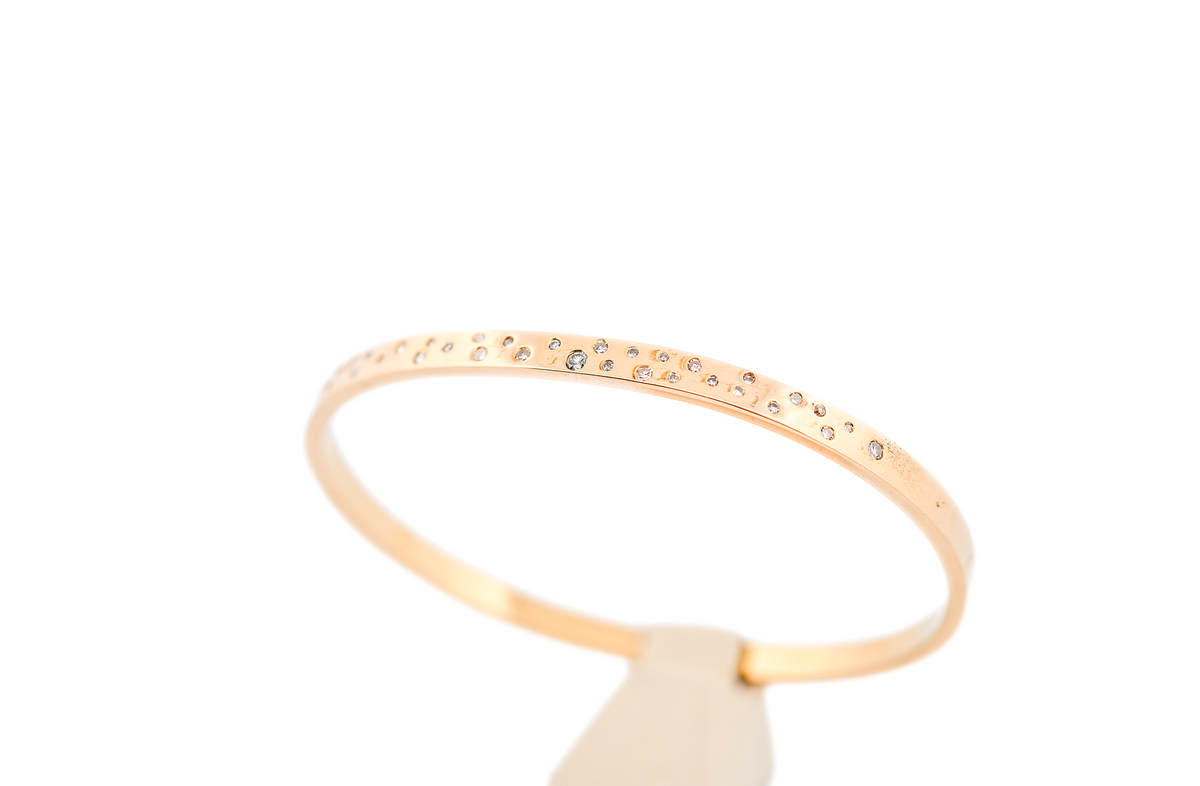 Estate Solid 14k Yellow Gold Bangle Bracelet with Flush Set Diamond Accents