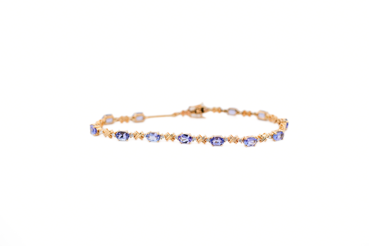 Estate Tanzanite & Diamond Tennis Bracelet in Yellow Gold - Lengthened to 7.75"