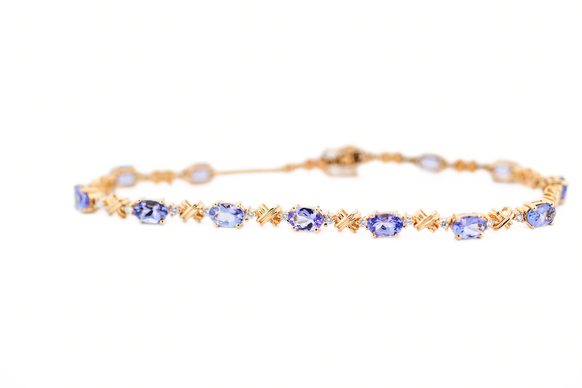 Estate Tanzanite & Diamond Tennis Bracelet in Yellow Gold - Lengthened to 7.75"