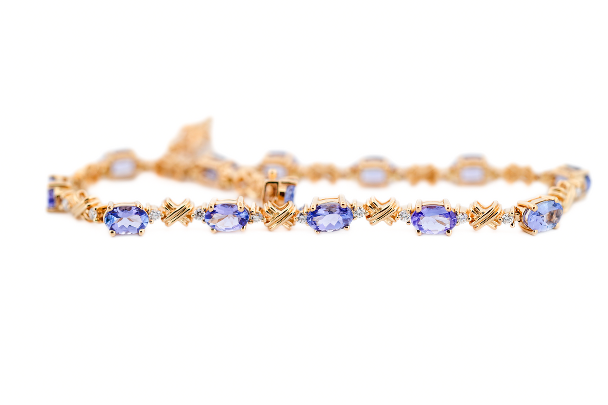 Estate Tanzanite & Diamond Tennis Bracelet in Yellow Gold - Lengthened to 7.75"