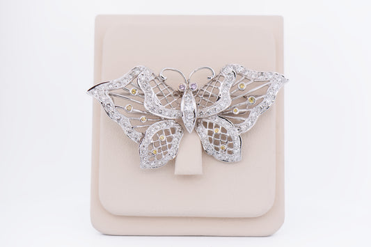 Estate White Gold Butterfly Brooch with Natural Fancy Color Diamonds