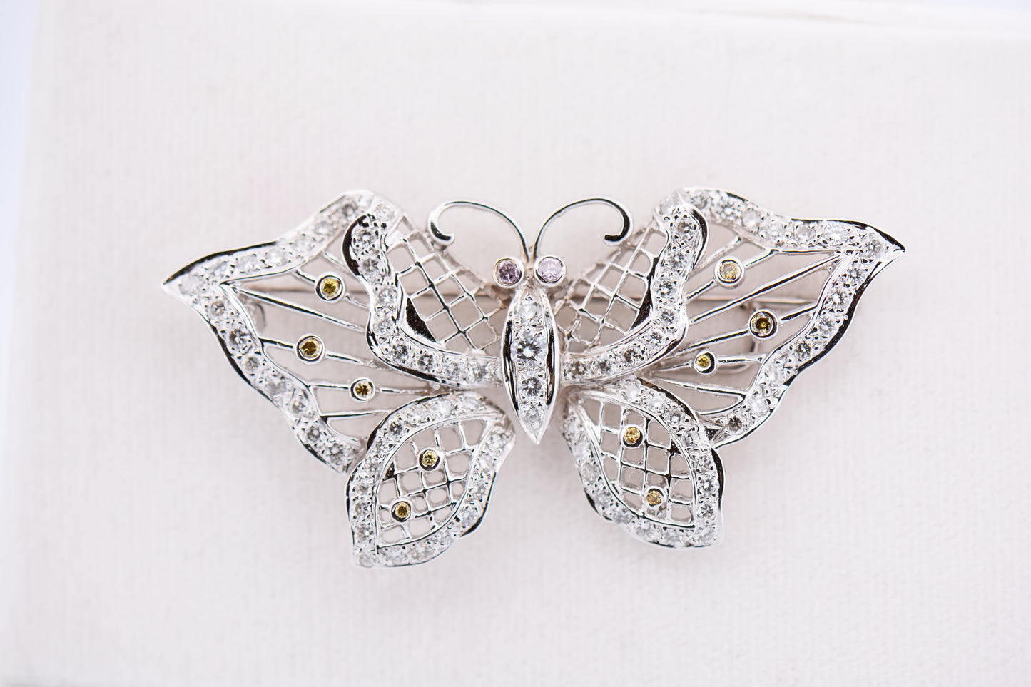 Estate White Gold Butterfly Brooch with Natural Fancy Color Diamonds