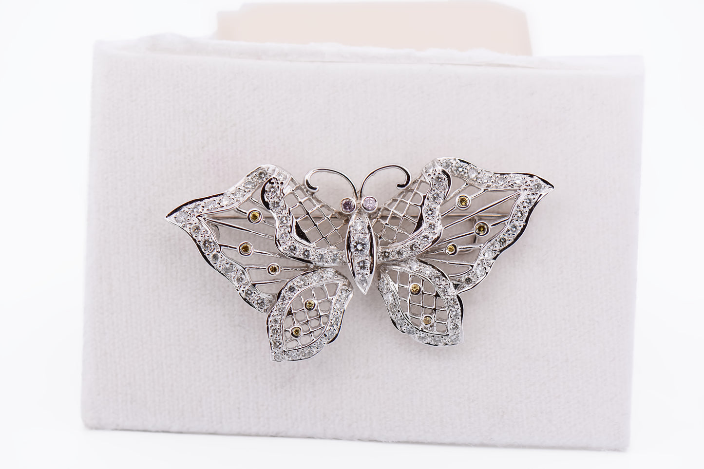 Estate White Gold Butterfly Brooch with Natural Fancy Color Diamonds