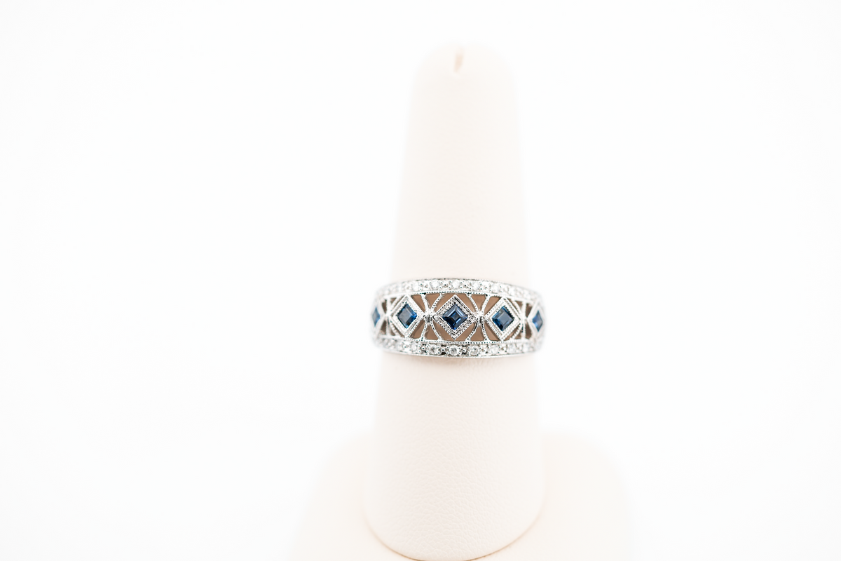 Estate Wide White Gold Filigree Band with Sapphires & Diamonds