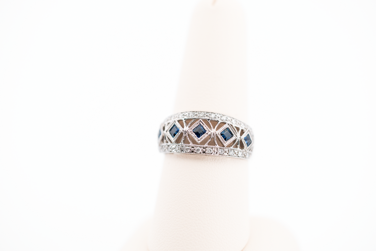 Estate Wide White Gold Filigree Band with Sapphires & Diamonds