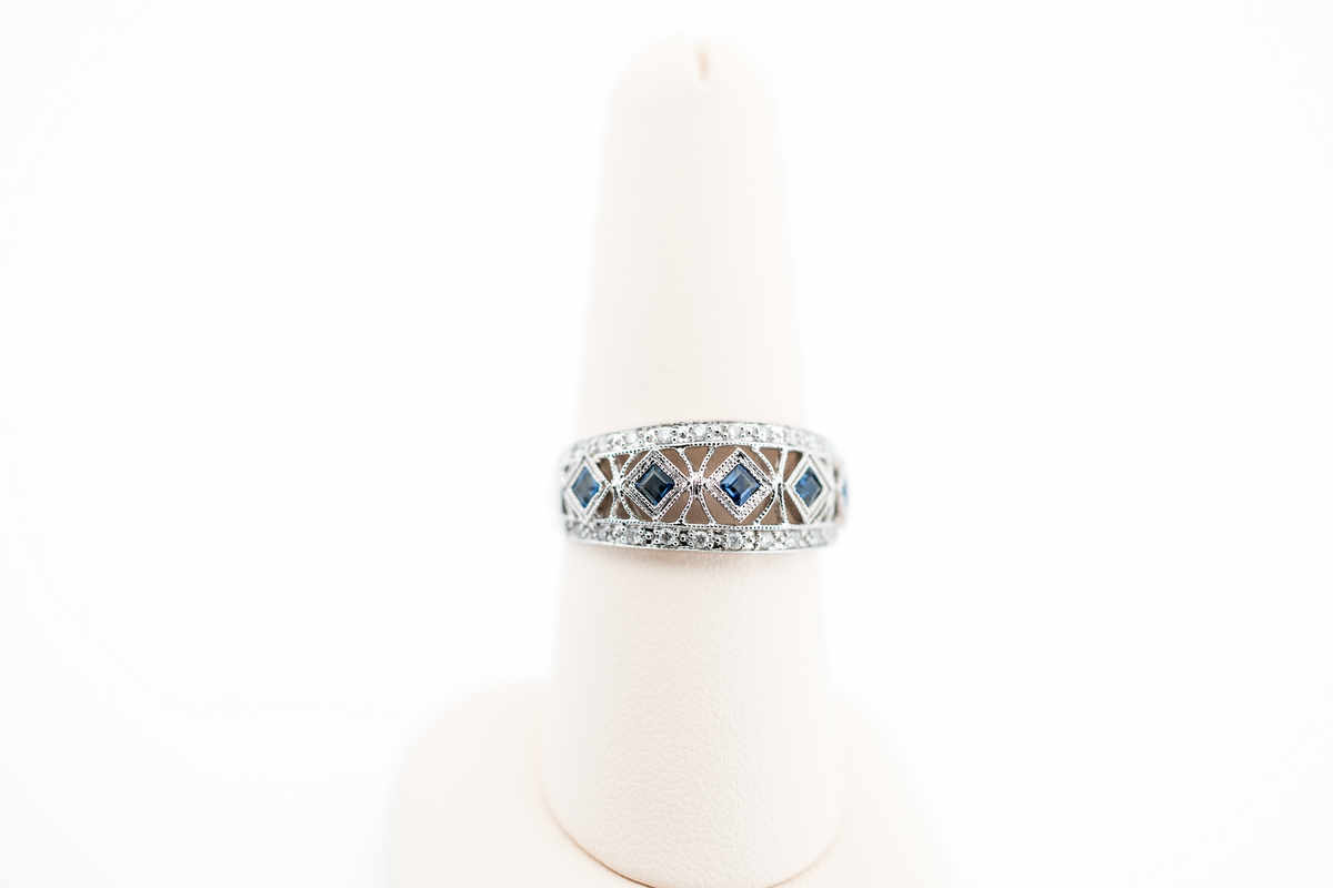 Estate Wide White Gold Filigree Band with Sapphires & Diamonds