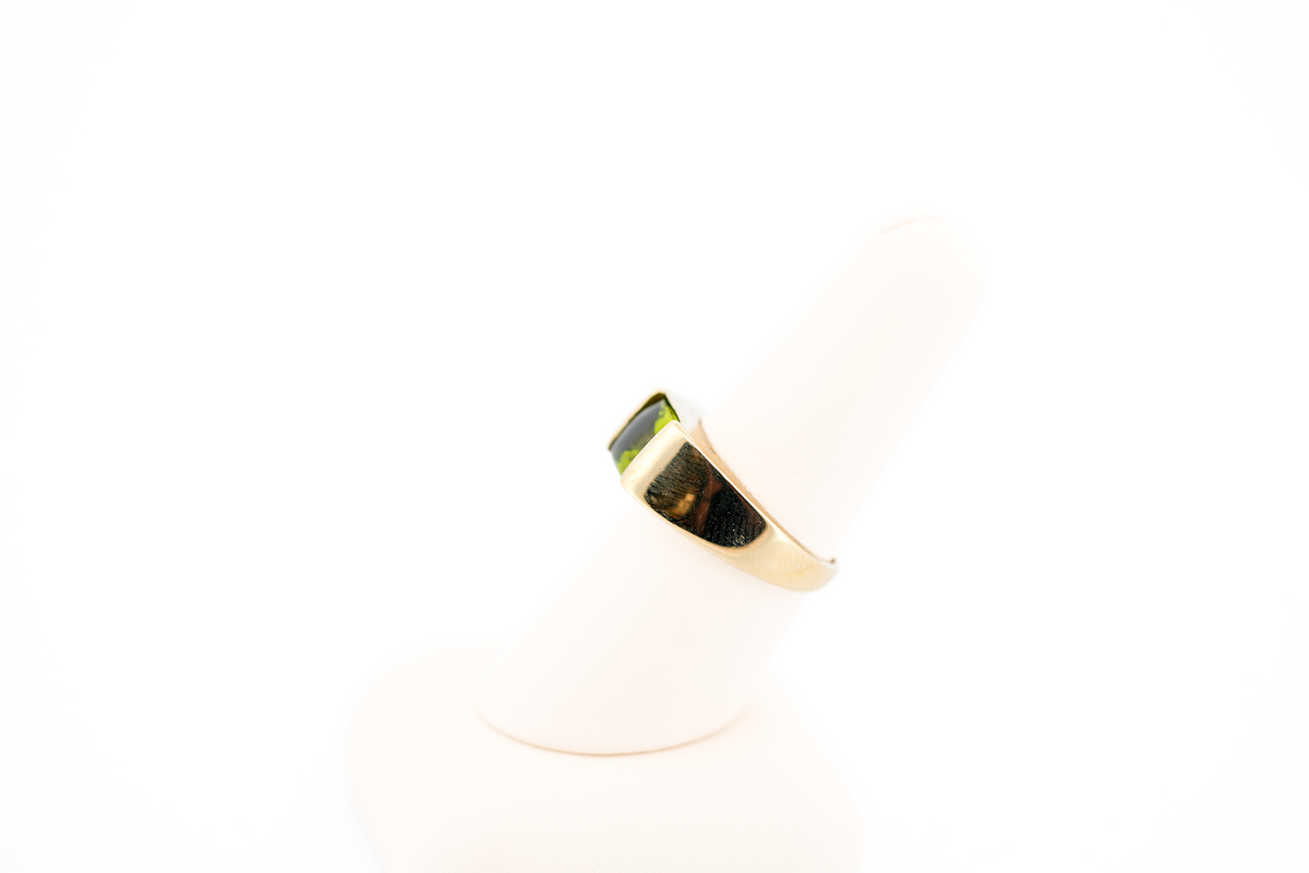 Estate Wide Yellow Gold Ring Set with Square Buff Top Peridot