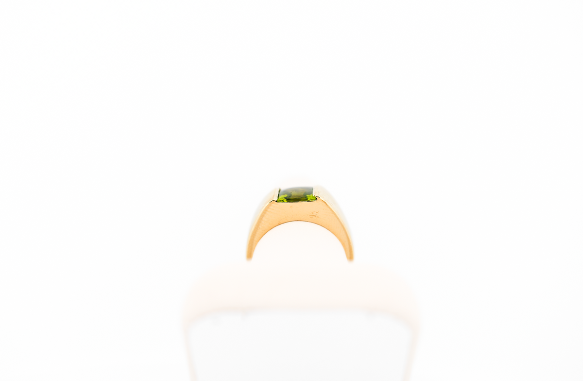 Estate Wide Yellow Gold Ring Set with Square Buff Top Peridot