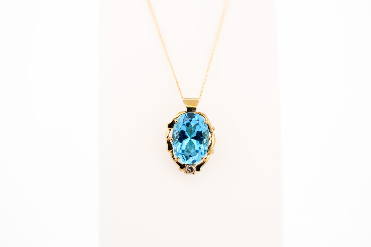 Estate Yellow Gold Enhancer Pendant with Swiss Blue Topaz & Champagne Diamond