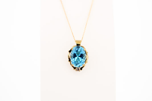 Estate Yellow Gold Enhancer Pendant with Swiss Blue Topaz & Champagne Diamond