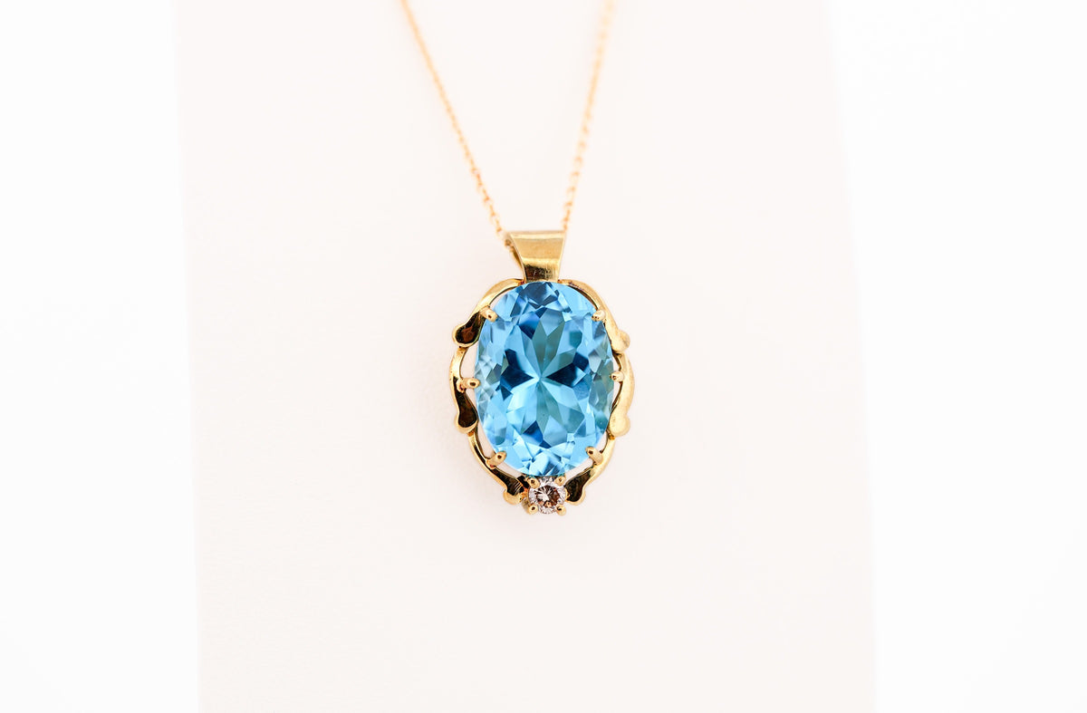 Estate Yellow Gold Enhancer Pendant with Swiss Blue Topaz & Champagne Diamond