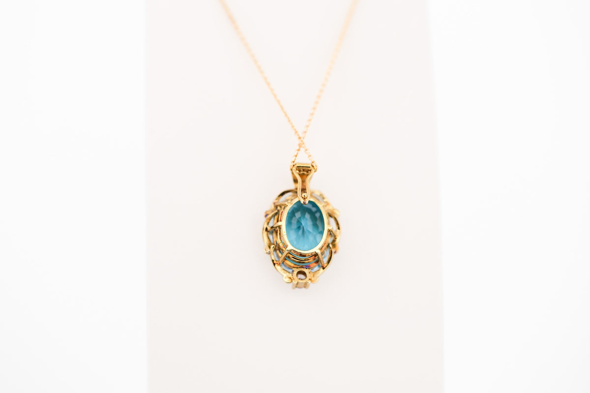 Estate Yellow Gold Enhancer Pendant with Swiss Blue Topaz & Champagne Diamond