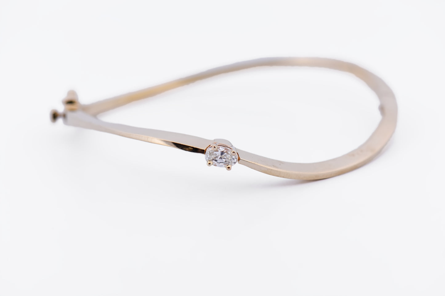 Estate Yellow Gold & Oval Diamond Bracelet - Hinged Cuff