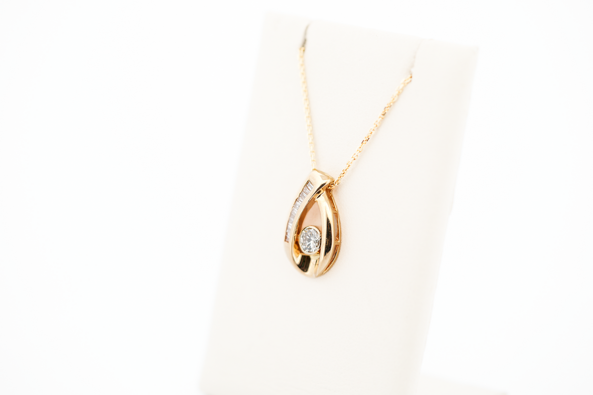 Estate Yellow Gold Slide Pendant with Round & Baguette Diamonds