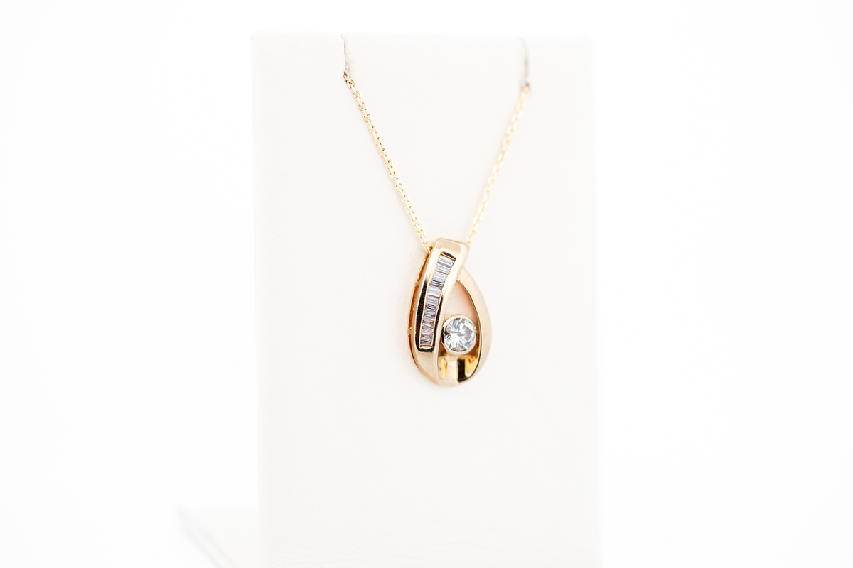 Estate Yellow Gold Slide Pendant with Round & Baguette Diamonds