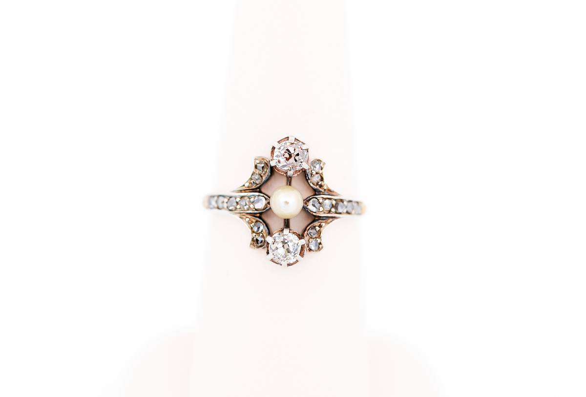 European Art Nouveau Pearl & Old Mine Cut Diamond Ring with Fleur De Lis Sides